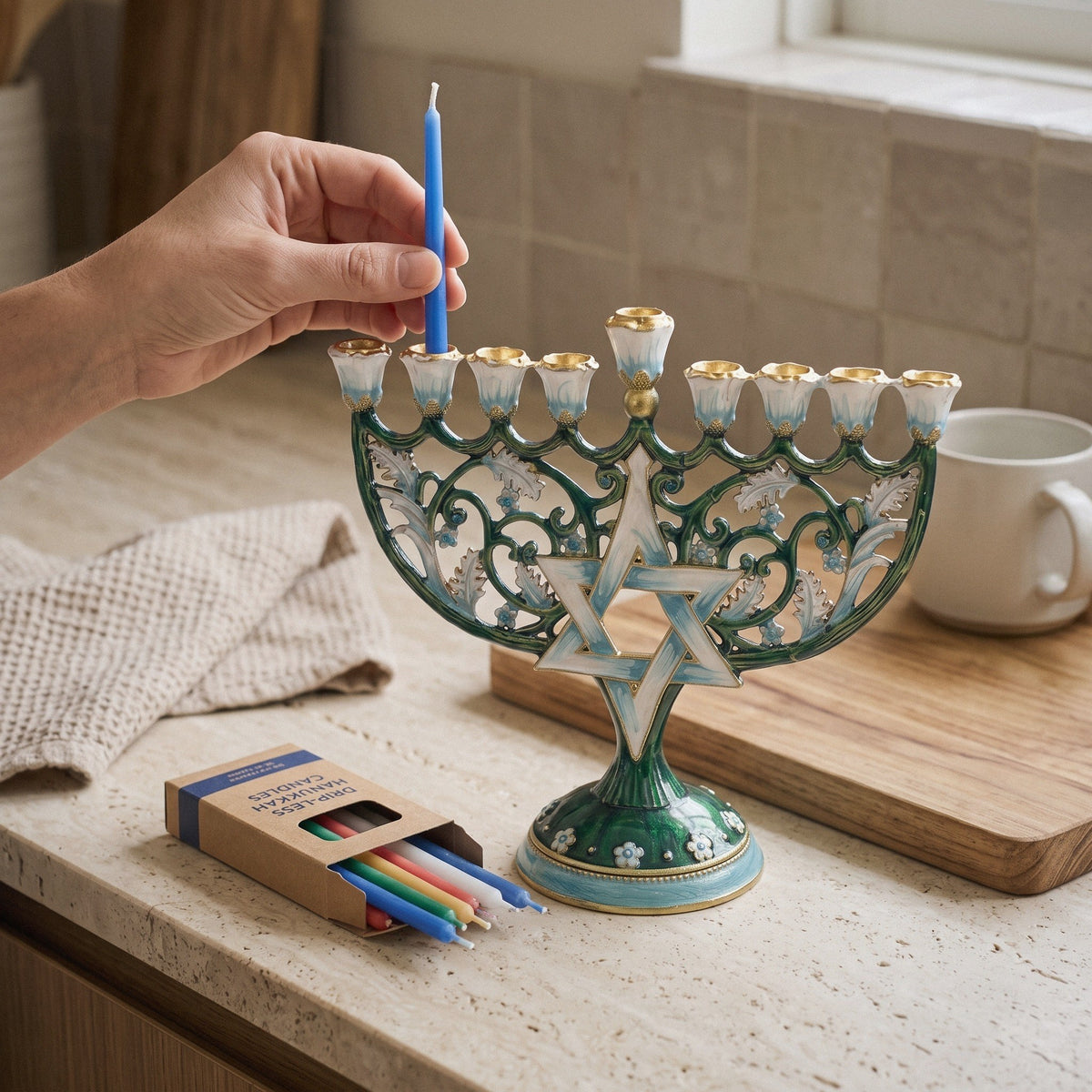 Designer Star of David Hanukkah Menorah, Teal Enamel & White Flowers, 17.5 cm Tall - at home