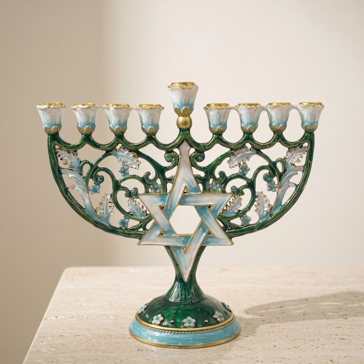 Designer Star of David Hanukkah Menorah, Teal Enamel & White Flowers, 17.5 cm Tall