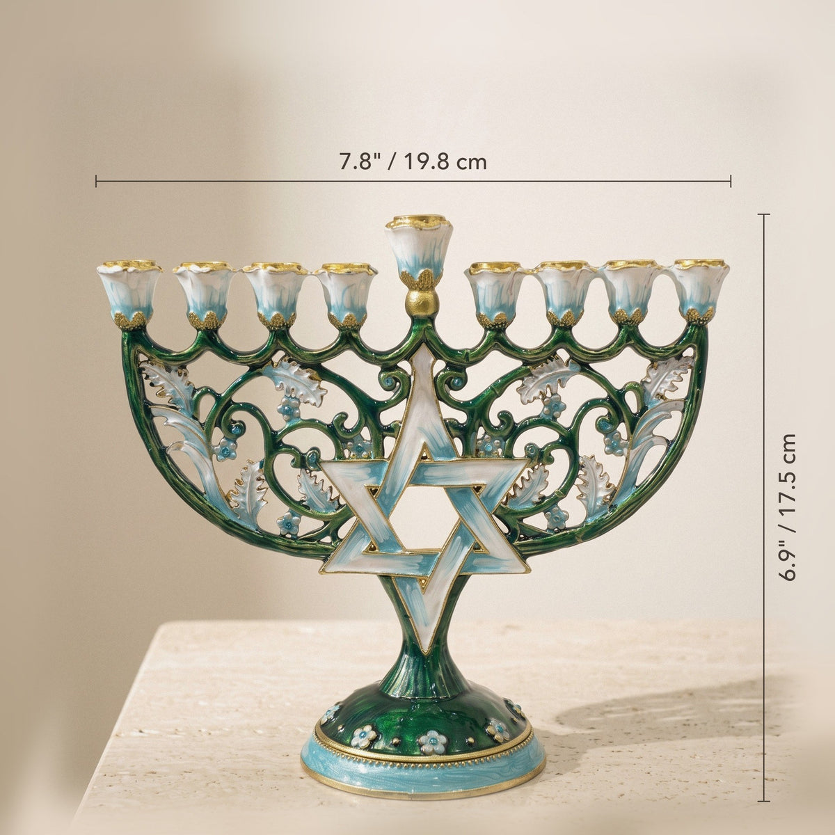Designer Star of David Hanukkah Menorah, Teal Enamel & White Flowers, 17.5 cm Tall - size and dimensions