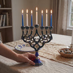 Designer Teal Enamel Hanukkah Menorah, Lapis Blue Base, 16 cm Tall - at home
