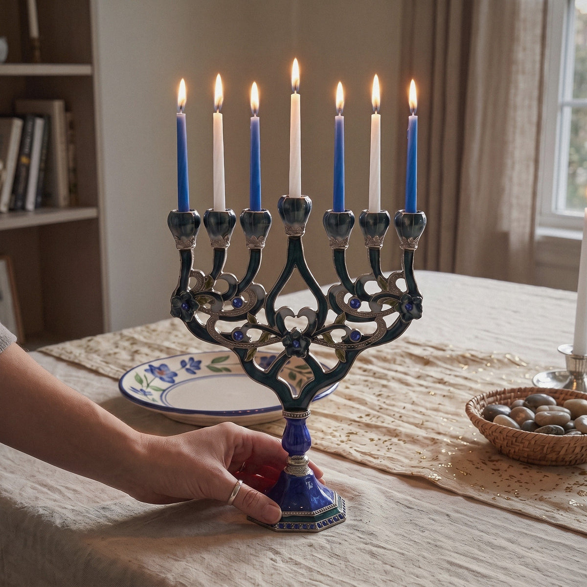 Designer Teal Enamel Hanukkah Menorah, Lapis Blue Base, 16 cm Tall - at home