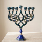 Designer Teal Enamel Hanukkah Menorah, Lapis Blue Base, 16 cm Tall