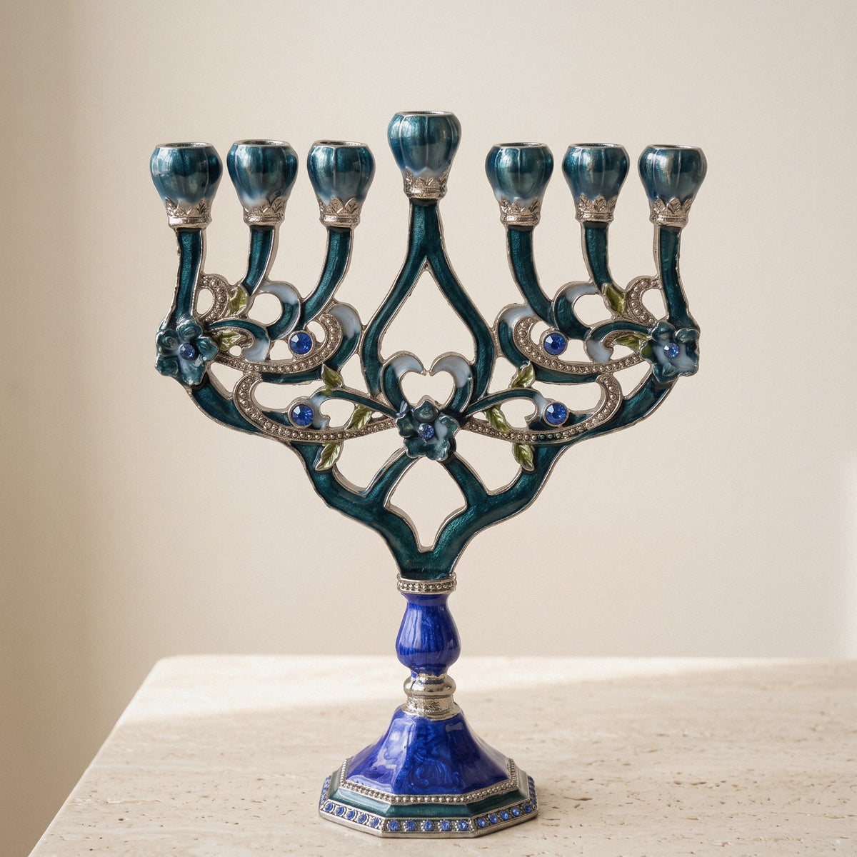 Designer Teal Enamel Hanukkah Menorah, Lapis Blue Base, 16 cm Tall