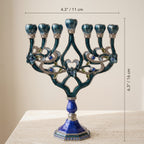 Designer Teal Enamel Hanukkah Menorah, Lapis Blue Base, 16 cm Tall - size and dimensions