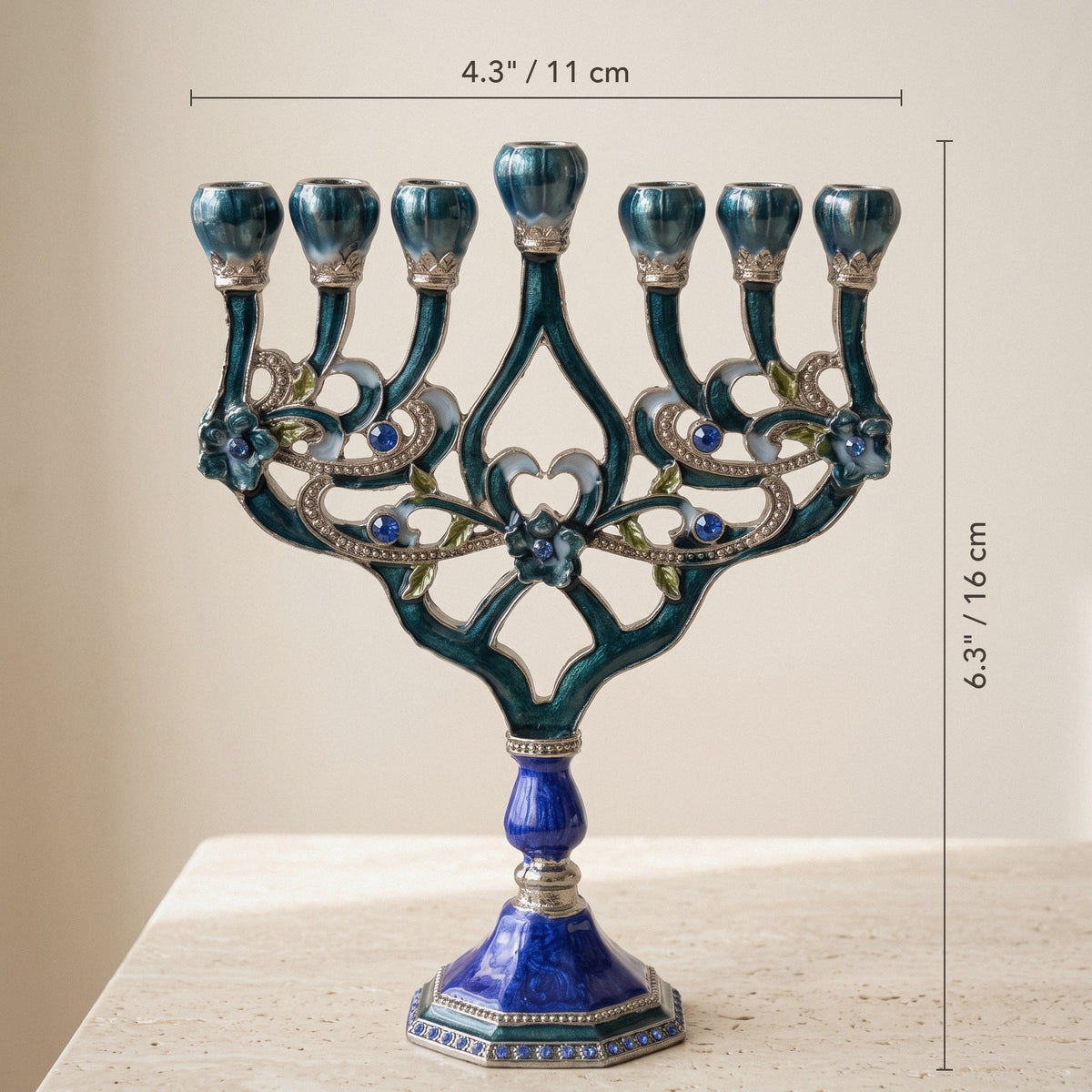 Designer Teal Enamel Hanukkah Menorah, Lapis Blue Base, 16 cm Tall - size and dimensions