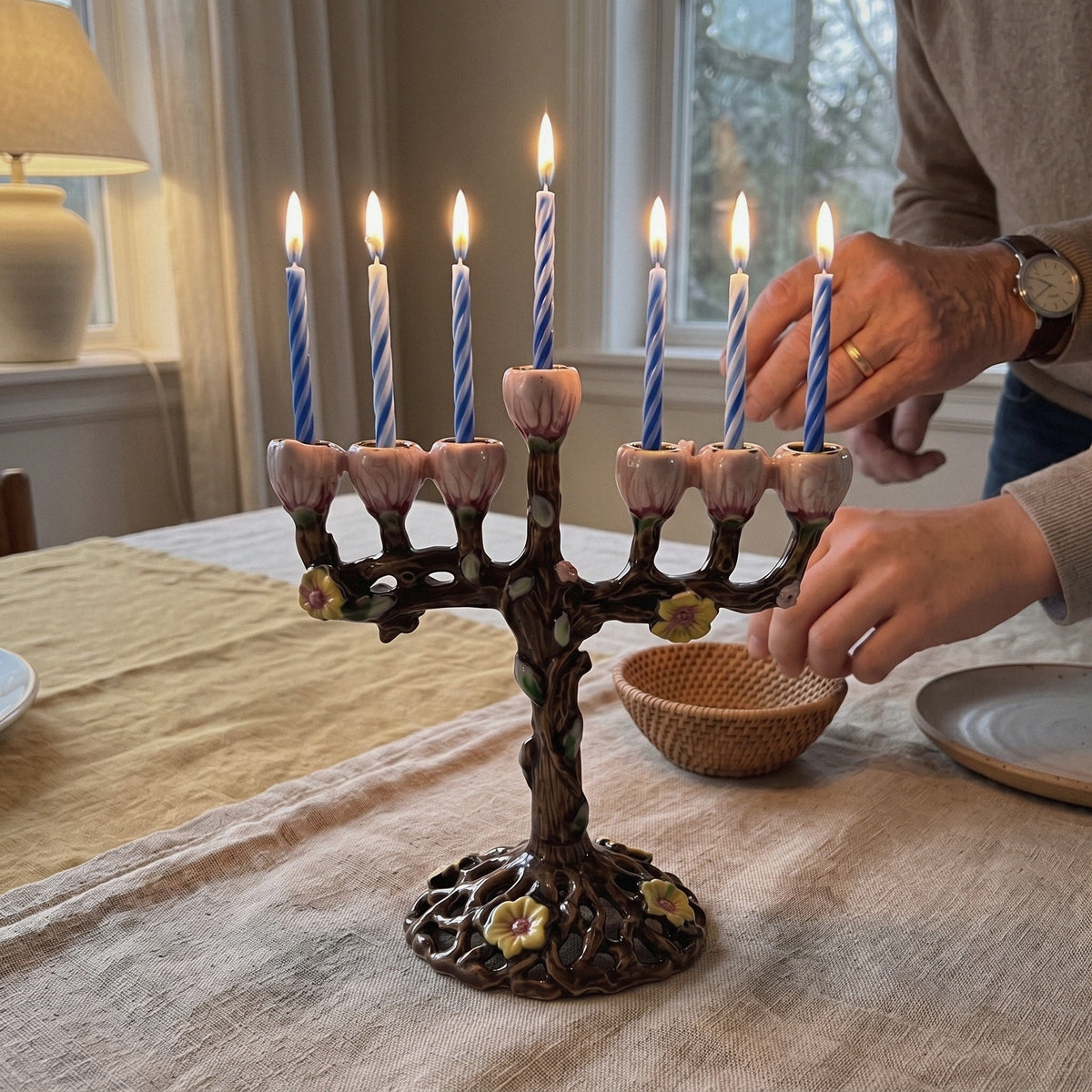 Designer Tree Branch Hanukkah Menorah, Bronze with Pink Blossom Cups, 13 cm Tall - at home