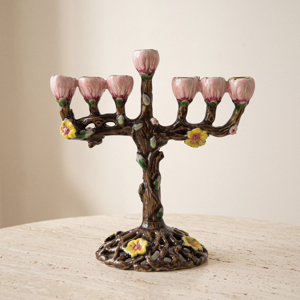 Designer Tree Branch Hanukkah Menorah, Bronze with Pink Blossom Cups, 13 cm Tall