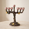 Designer Tree Branch Hanukkah Menorah, Bronze with Pink Blossom Cups, 13 cm Tall