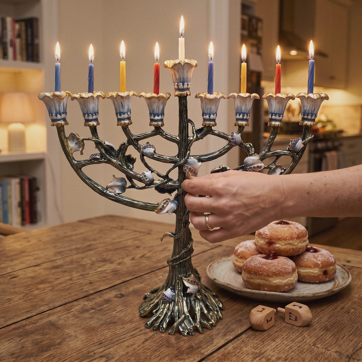 Designer Tree of Life Hanukkah Menorah, Green & Gold Enamel, 24 cm Tall - at home