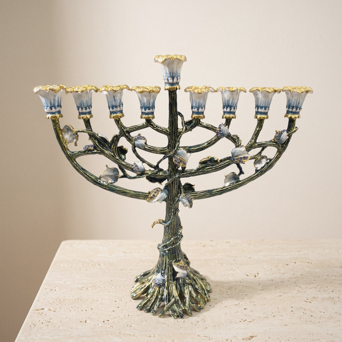 Designer Tree of Life Hanukkah Menorah, Green & Gold Enamel, 24 cm Tall
