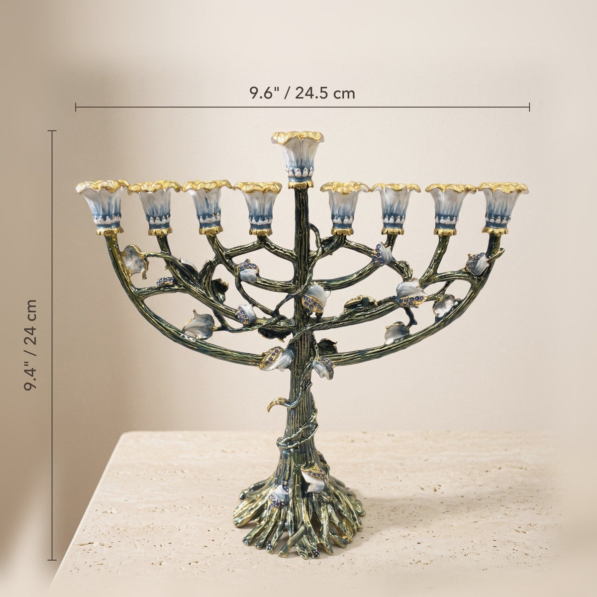 Designer Tree of Life Hanukkah Menorah, Green & Gold Enamel, 24 cm Tall - size and dimensions