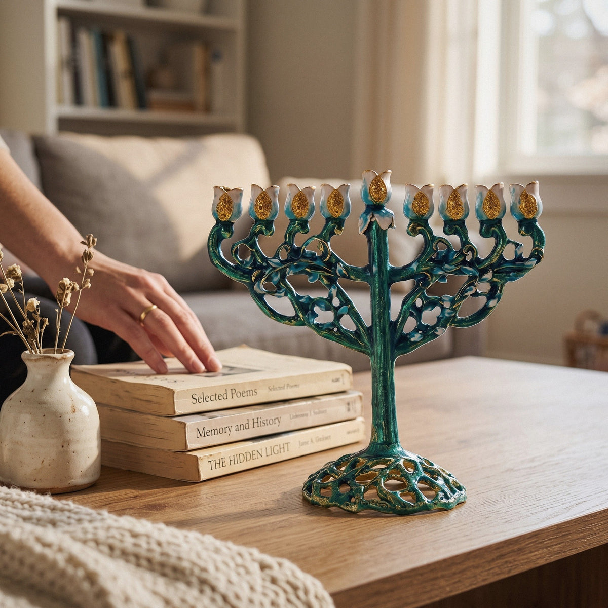 Designer Tree of Life Hanukkah Menorah, Teal Enamel with Orange Blossoms, 15.5 cm Tall - at home