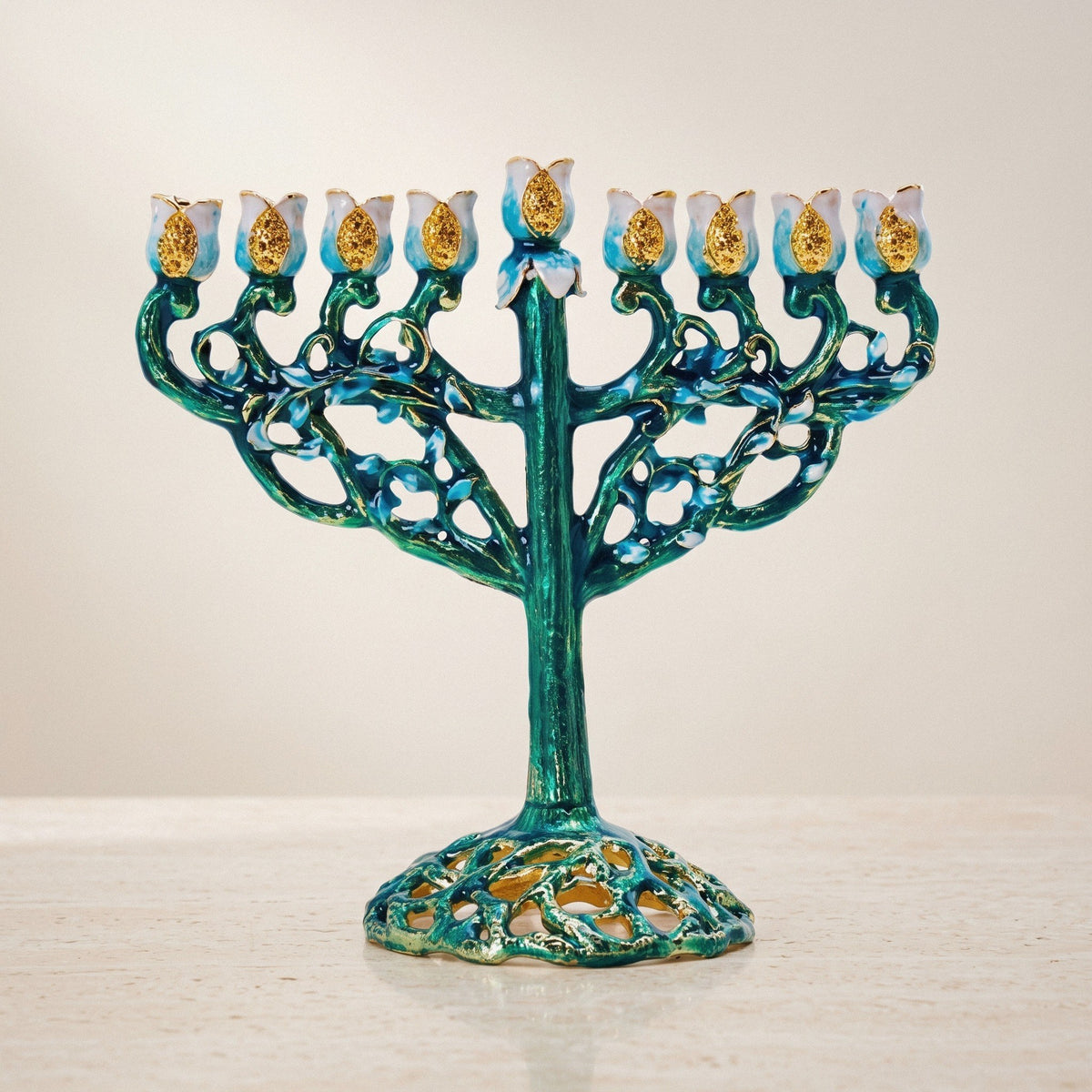 Designer Tree of Life Hanukkah Menorah, Teal Enamel with Orange Blossoms, 15.5 cm Tall
