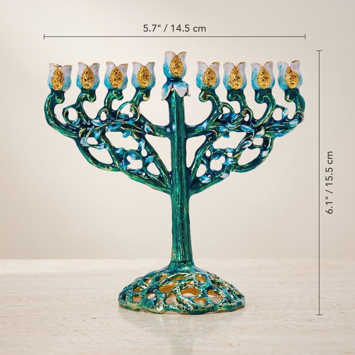 Designer Tree of Life Hanukkah Menorah, Teal Enamel with Orange Blossoms, 15.5 cm Tall - size and dimensions