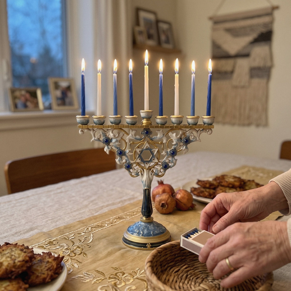 Designer White & Blue Enamel Hanukkah Menorah, Crystal Accents, 18 cm Tall - at home