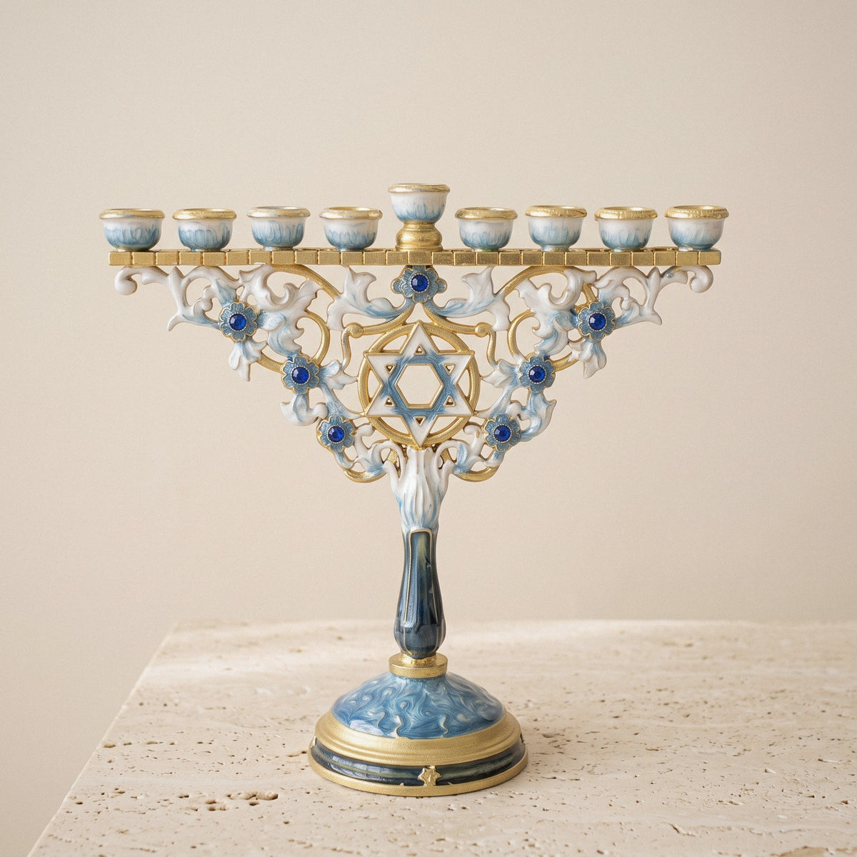 Designer White & Blue Enamel Hanukkah Menorah, Crystal Accents, 18 cm Tall
