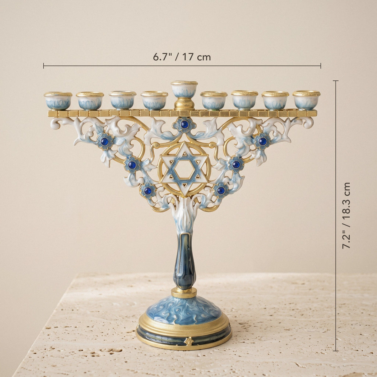 Designer White & Blue Enamel Hanukkah Menorah, Crystal Accents, 18 cm Tall - size and dimensions
