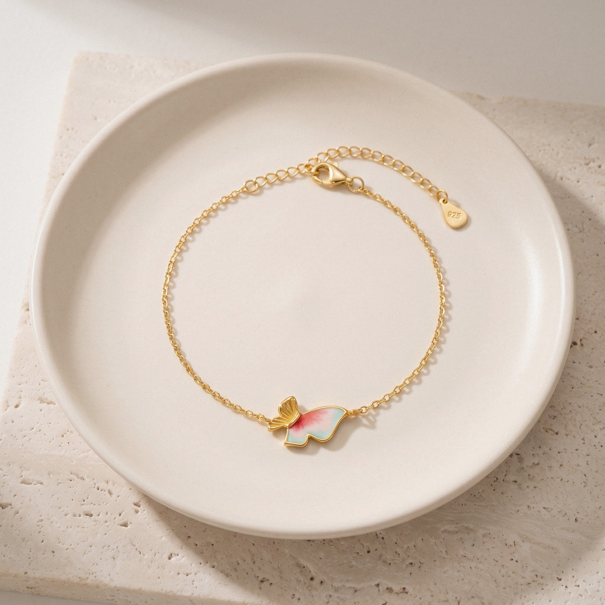 Enamel Butterfly Bracelet in Gold Plated 925 Sterling Silver, Pink Gradient