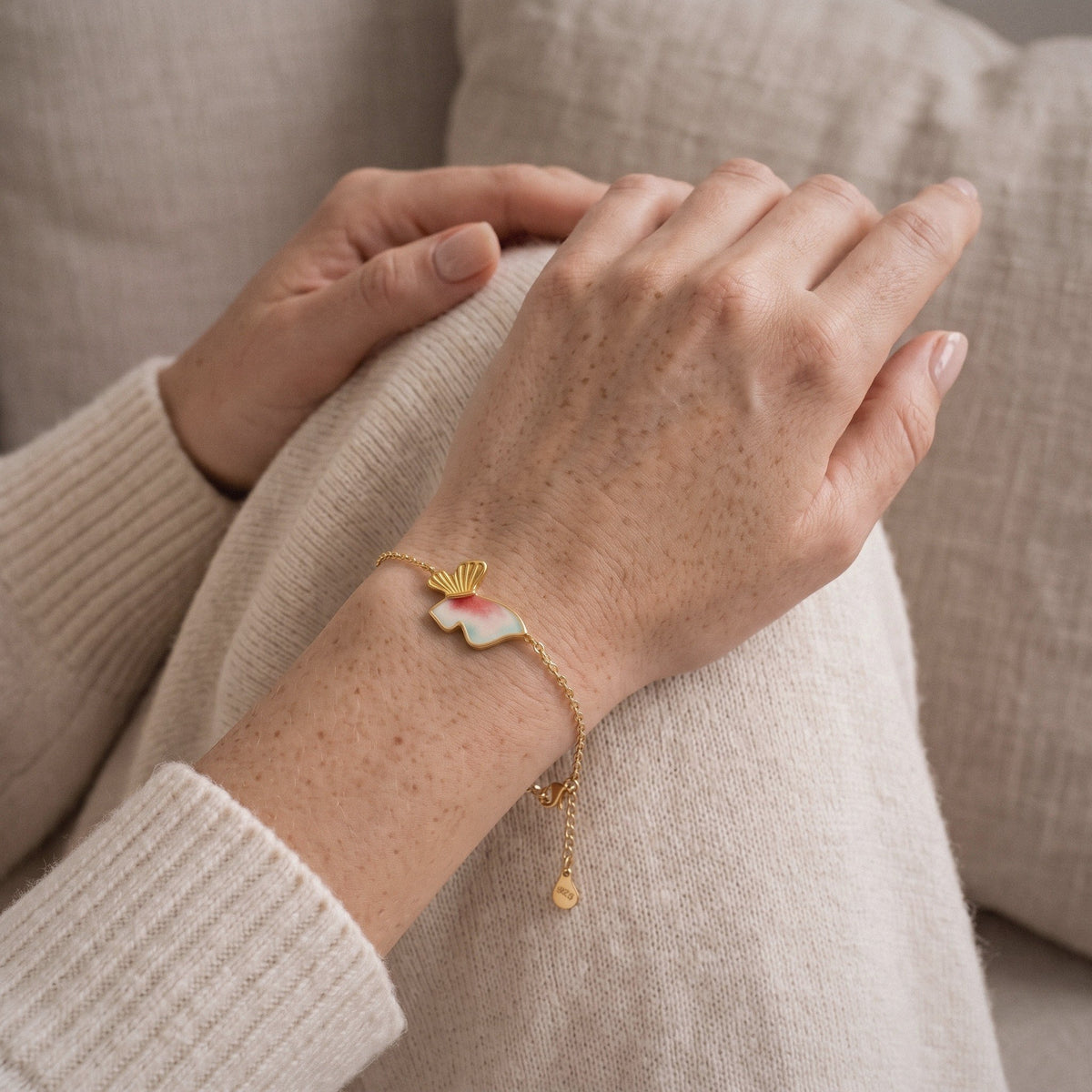 Enamel Butterfly Bracelet in Gold Plated 925 Sterling Silver, Pink Gradient - worn