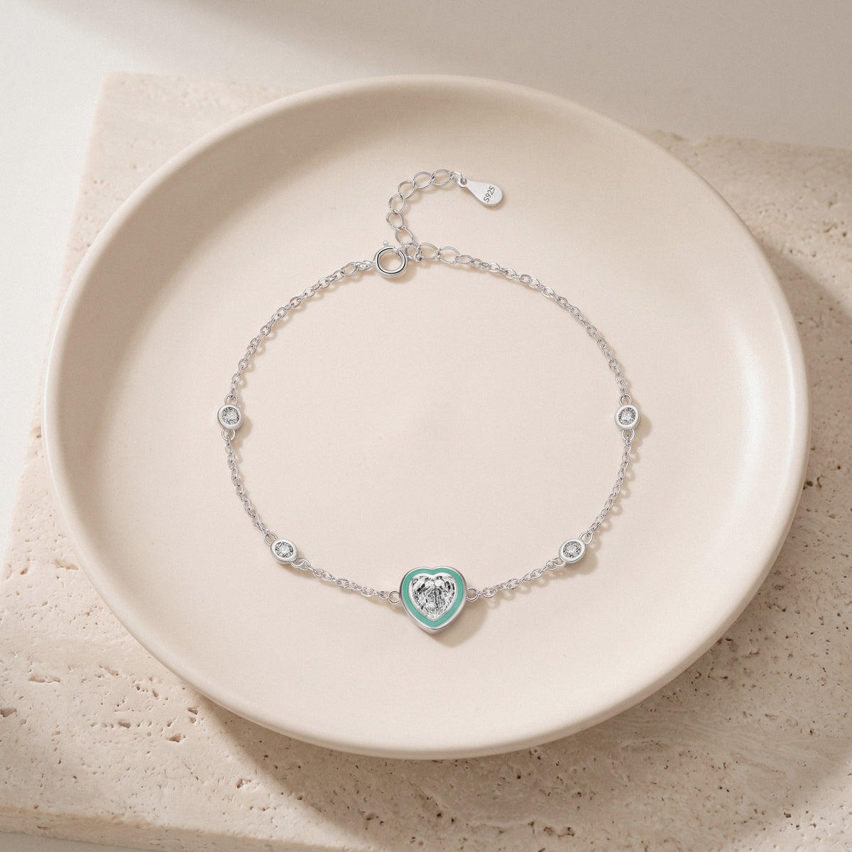 Enamel Heart Bracelet in 925 Sterling Silver, Mint Heart with Crystal Stations