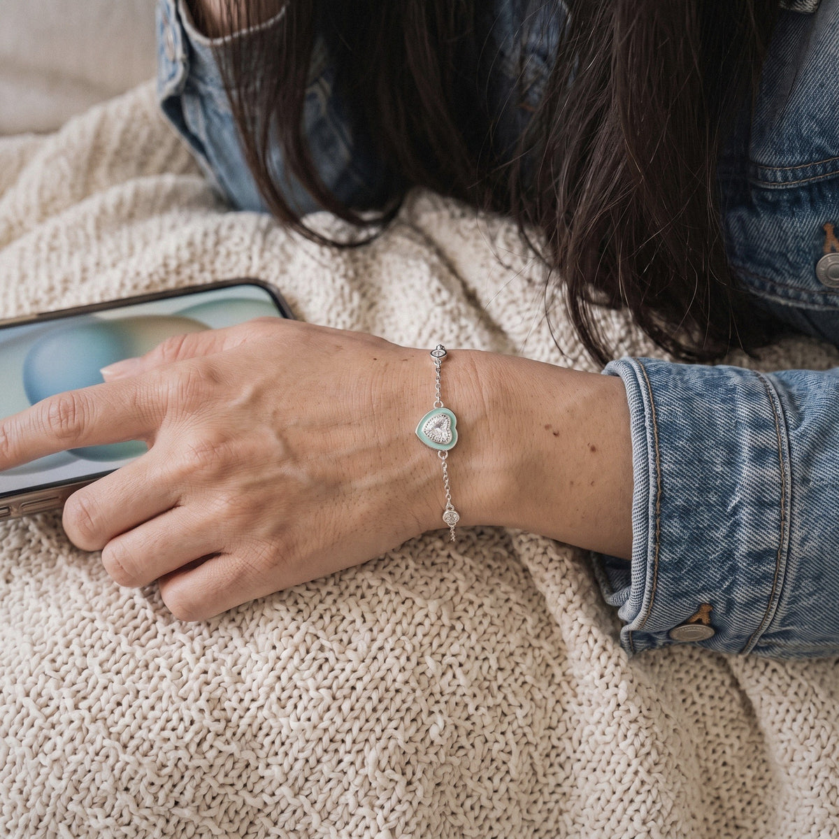 Enamel Heart Bracelet in 925 Sterling Silver, Mint Heart with Crystal Stations - everyday wear