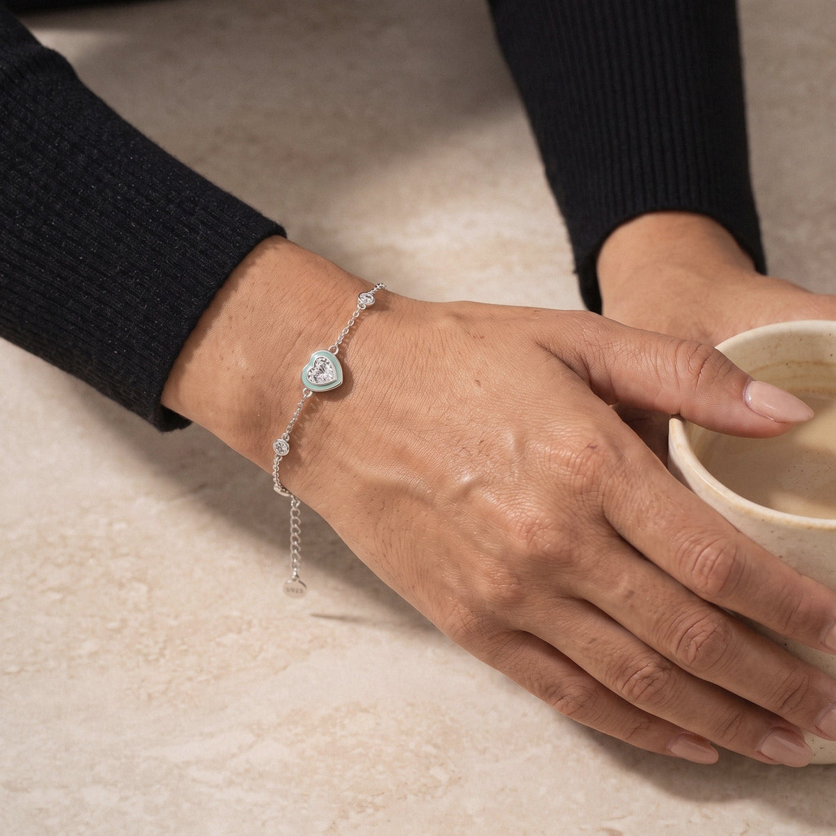 Enamel Heart Bracelet in 925 Sterling Silver, Mint Heart with Crystal Stations - worn