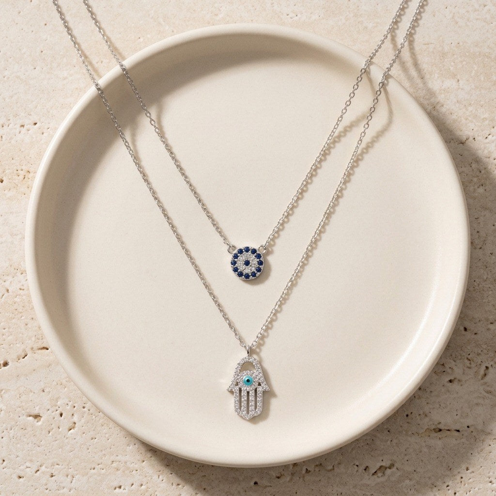 Evil Eye and Hamsa Double Necklace in 925 Sterling Silver, Blue Eye