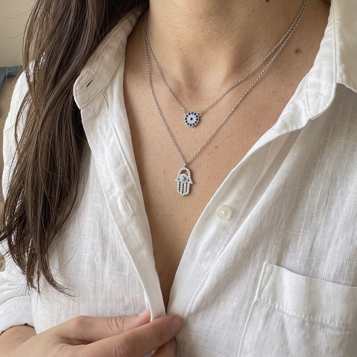 Evil Eye and Hamsa Double Necklace in 925 Sterling Silver, Blue Eye - everyday wear