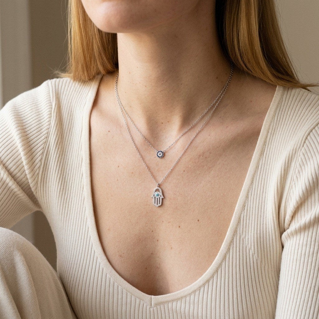 Evil Eye and Hamsa Double Necklace in 925 Sterling Silver, Blue Eye - worn