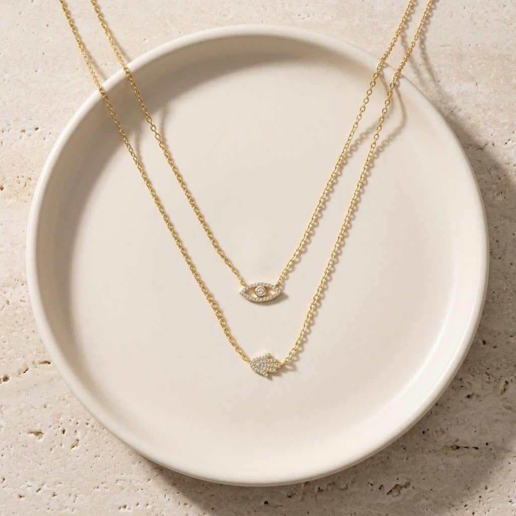 Evil Eye and Hamsa Layered Necklace in 925 Sterling Silver - Gold