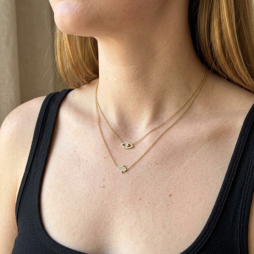 Evil Eye and Hamsa Layered Necklace in 925 Sterling Silver - worn