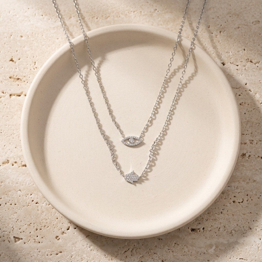 Evil Eye and Hamsa Layered Necklace in 925 Sterling Silver - Silver