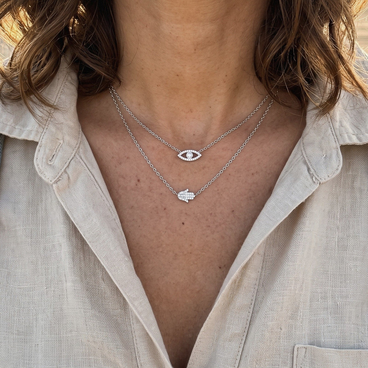 Evil Eye and Hamsa Layered Necklace in 925 Sterling Silver - everyday wear