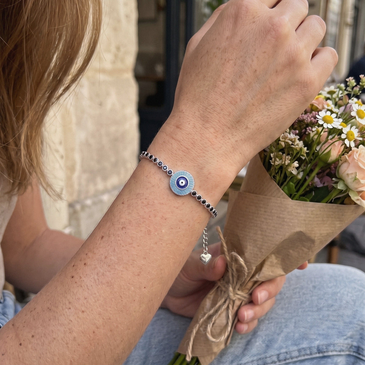 Evil Eye Bracelet in 925 Sterling Silver, Blue Enamel Eye - everyday wear