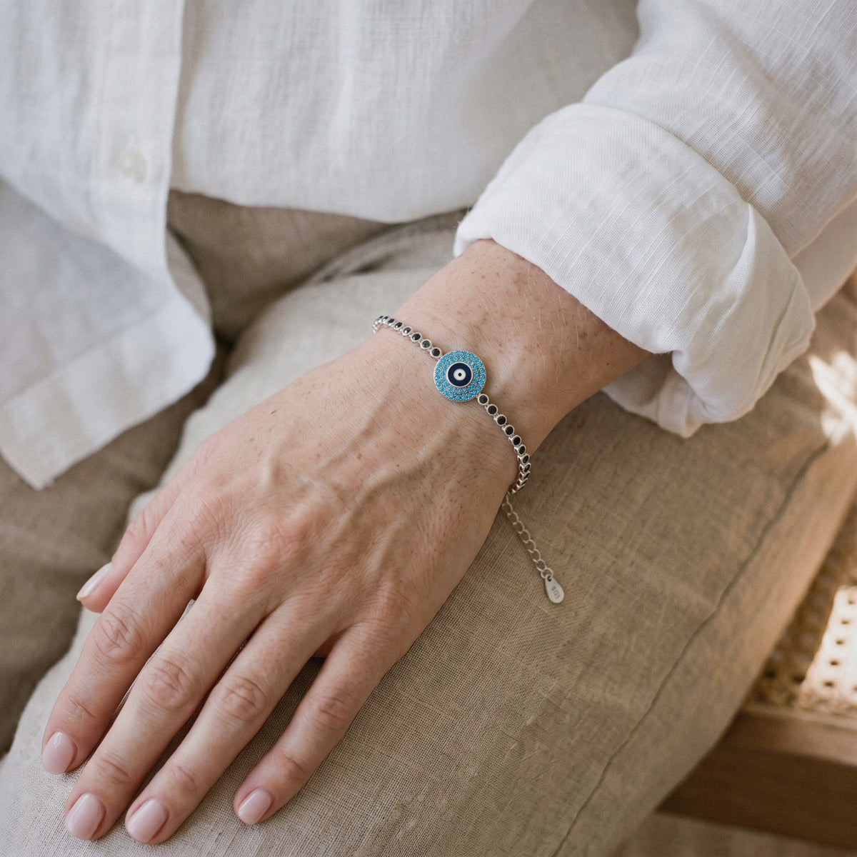 Evil Eye Bracelet in 925 Sterling Silver, Blue Enamel Eye - worn