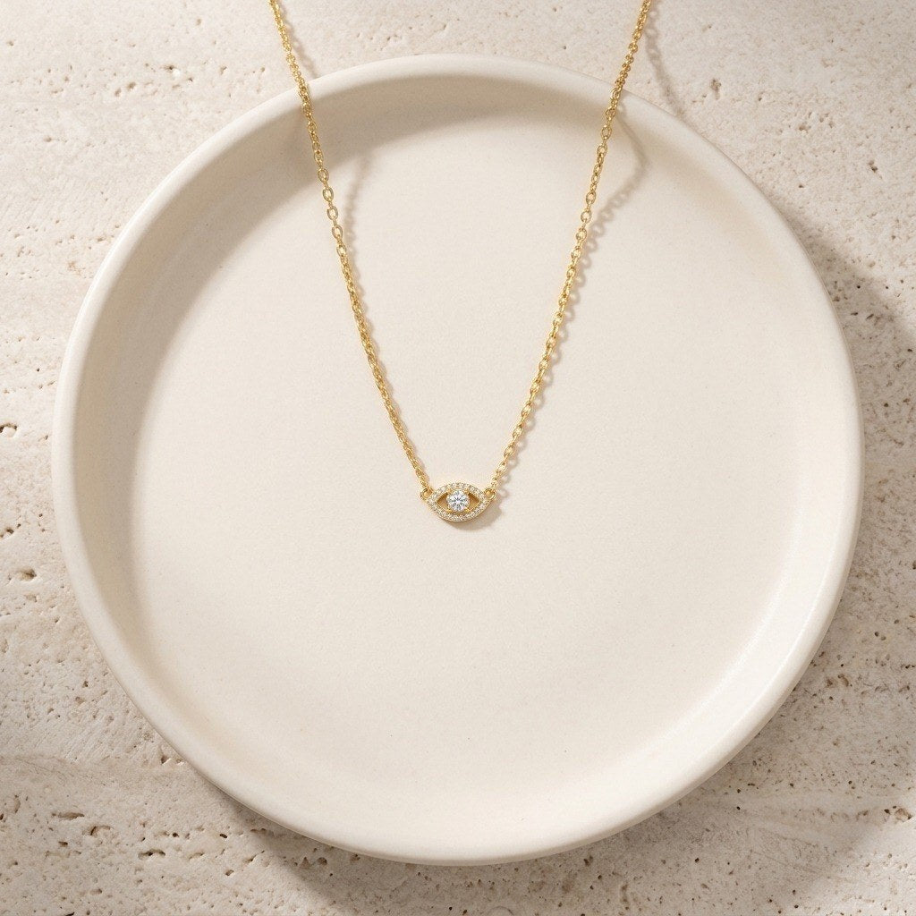 Evil Eye Necklace in 925 Sterling Silver, Moissanite Center Stone - Gold