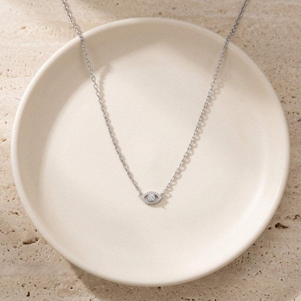 Evil Eye Necklace in 925 Sterling Silver, Moissanite Center Stone - Silver