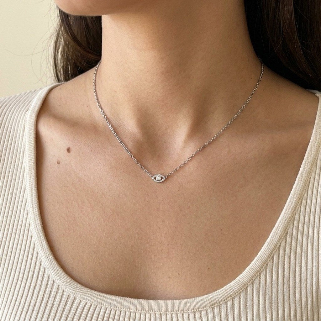 Evil Eye Necklace in 925 Sterling Silver, Moissanite Center Stone - worn