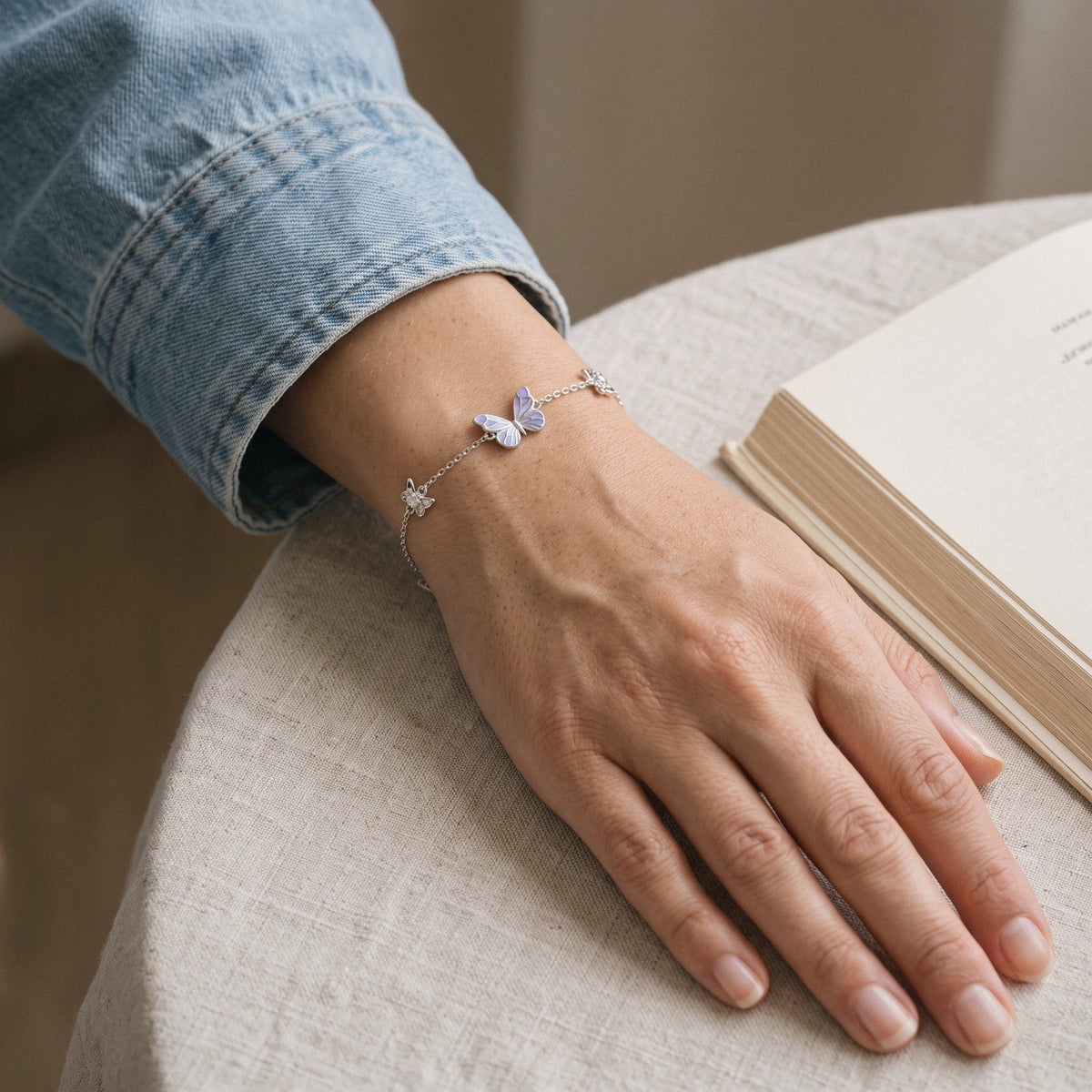 Glow-in-the-Dark Butterfly Bracelet in 925 Sterling Silver, Lavender Enamel - worn