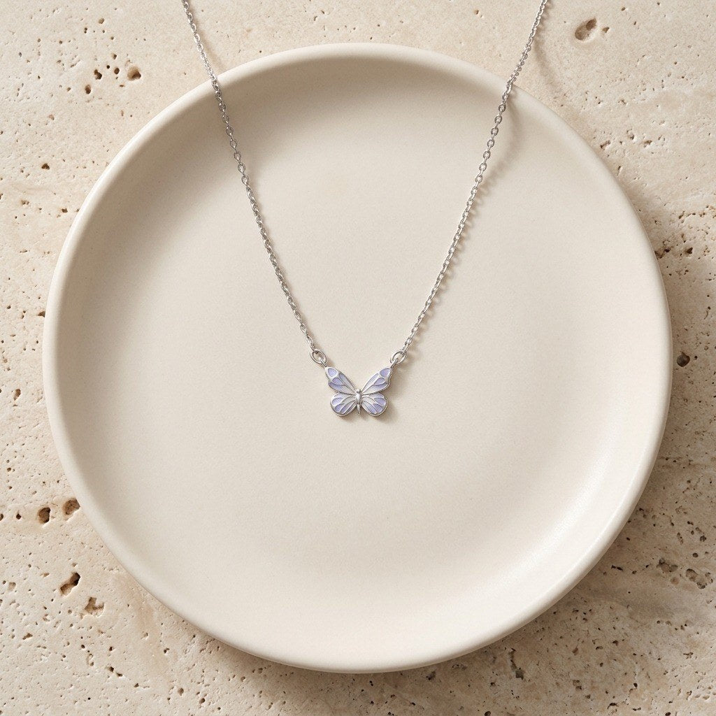 Glow-in-the-Dark Butterfly Necklace in 925 Sterling Silver, Lavender Enamel