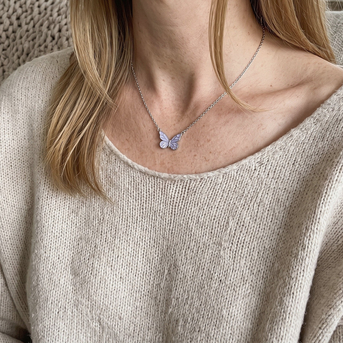 Glow-in-the-Dark Butterfly Necklace in 925 Sterling Silver, Lavender Enamel - everyday wear