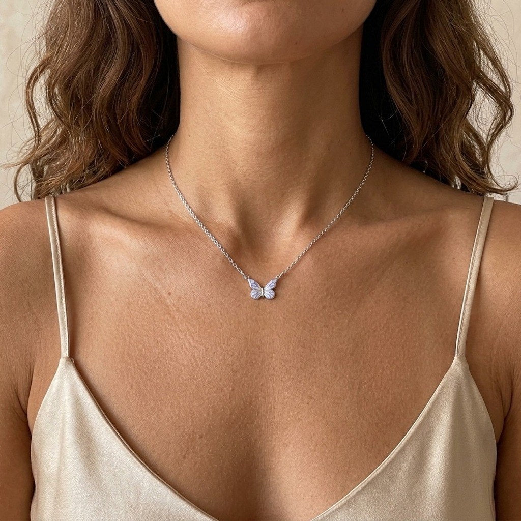 Glow-in-the-Dark Butterfly Necklace in 925 Sterling Silver, Lavender Enamel - worn