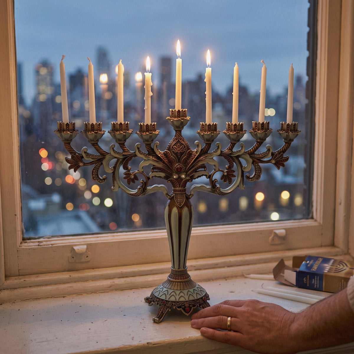 Grand Designer Hanukkah Menorah, Antique Copper & Mint Enamel, 36.5 cm Tall - at home
