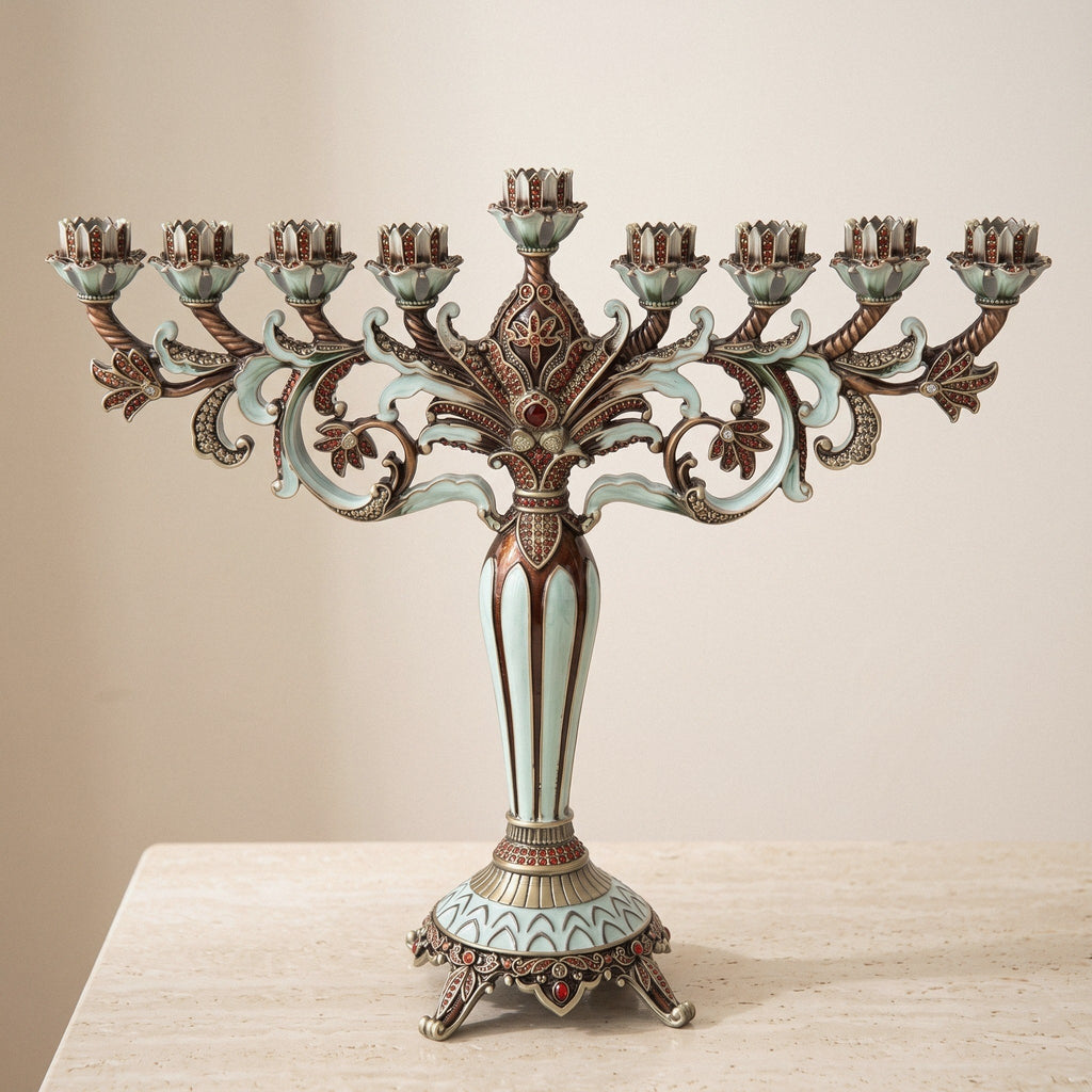 Grand Designer Hanukkah Menorah, Antique Copper & Mint Enamel, 36.5 cm Tall