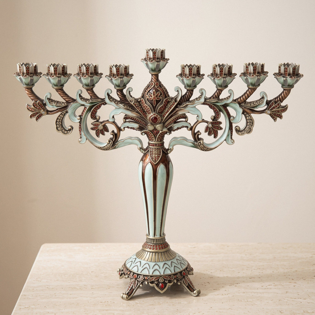 Grand Designer Hanukkah Menorah, Antique Copper & Mint Enamel, 36.5 cm Tall