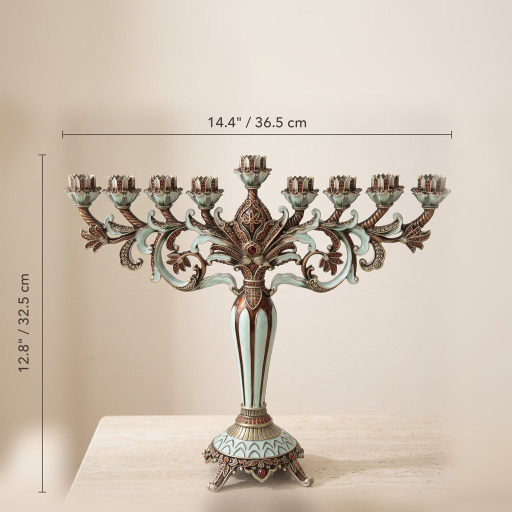 Grand Designer Hanukkah Menorah, Antique Copper & Mint Enamel, 36.5 cm Tall - size and dimensions