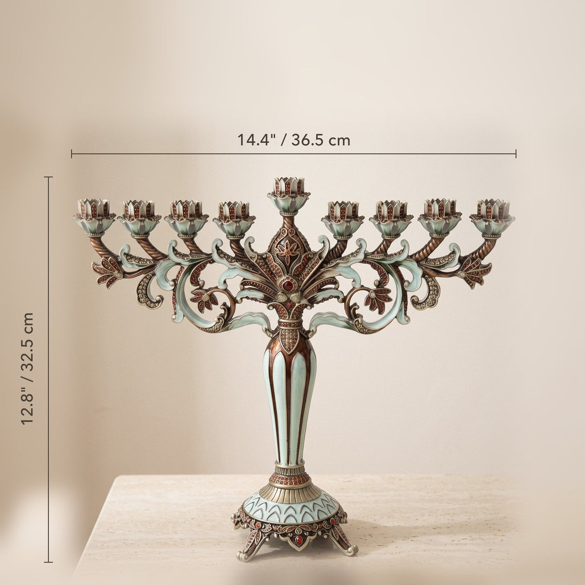Grand Designer Hanukkah Menorah, Antique Copper & Mint Enamel, 36.5 cm Tall - size and dimensions