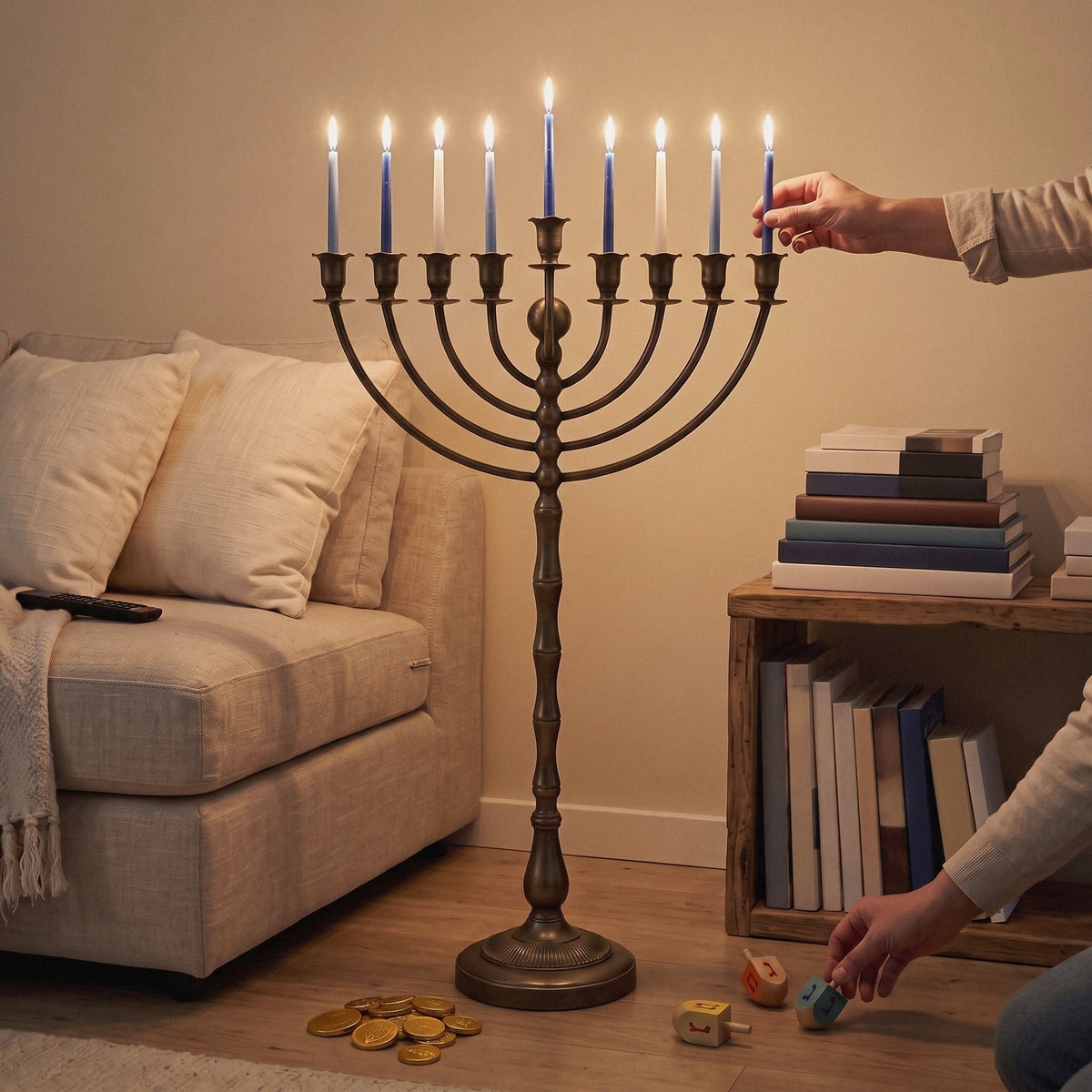 Grand Floor Menorah for Hanukkah, Antique Bronze Iron, 81 cm Tall - at home
