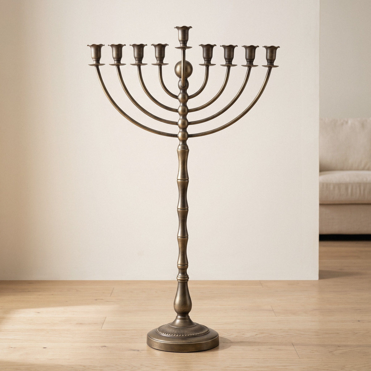 Grand Floor Menorah for Hanukkah, Antique Bronze Iron, 81 cm Tall