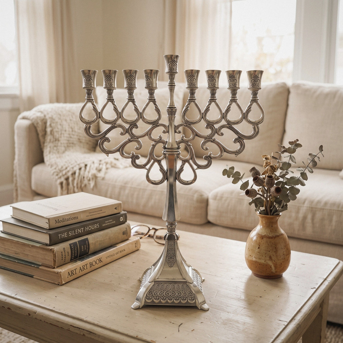 Grand Silver-Tone Hanukkah Menorah, Ornate Cast Design, 40 cm Tall - at home